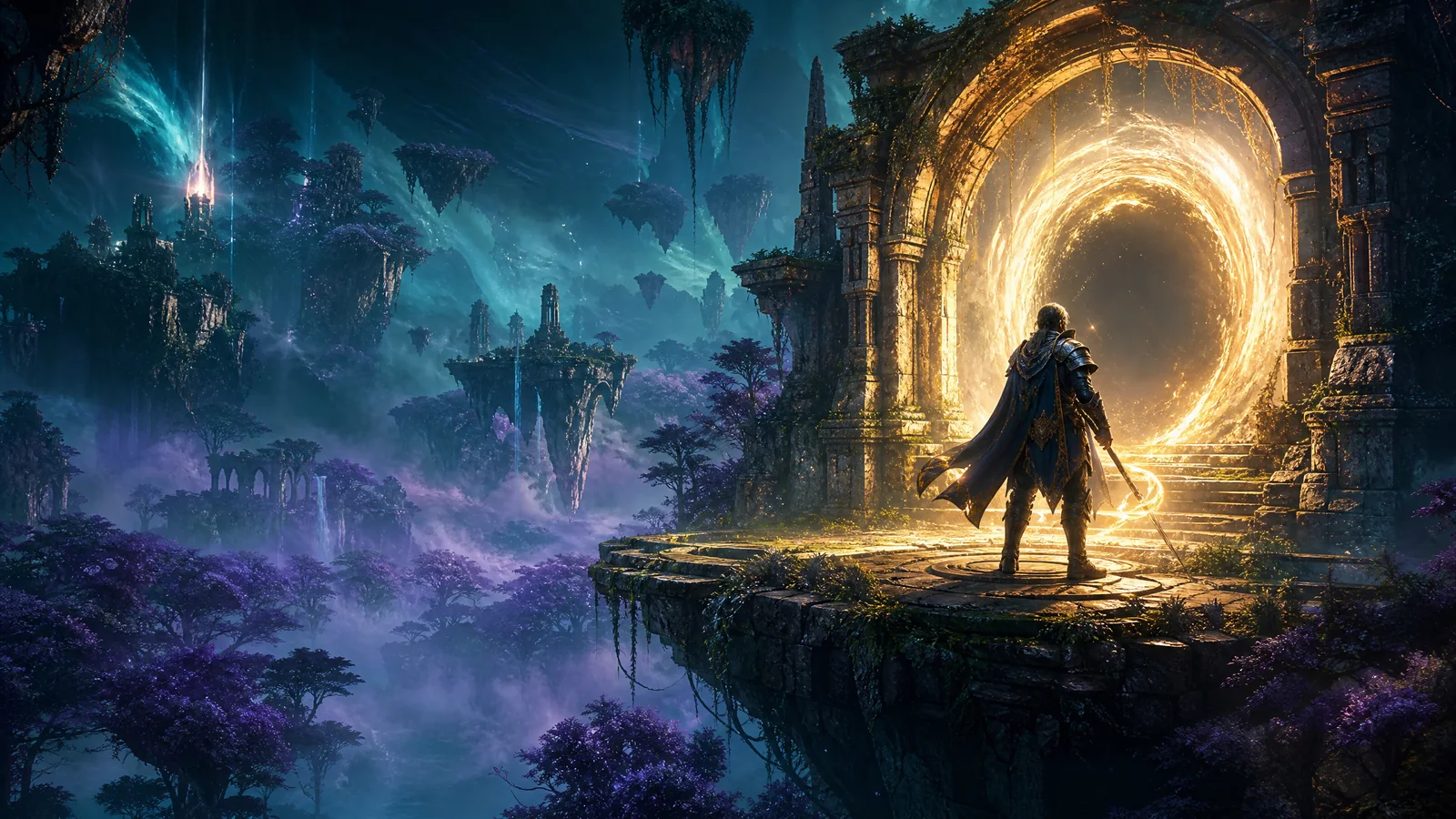 An explorer facing a luminous portal in a fantasy world